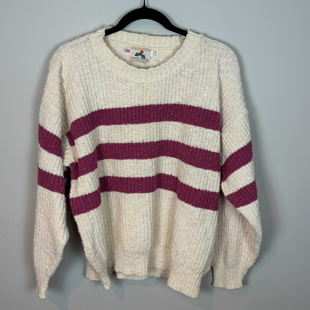 Vintage EMS Womens Beige Pink Striped Chunky Knit Sweater Size Large 90's Grunge